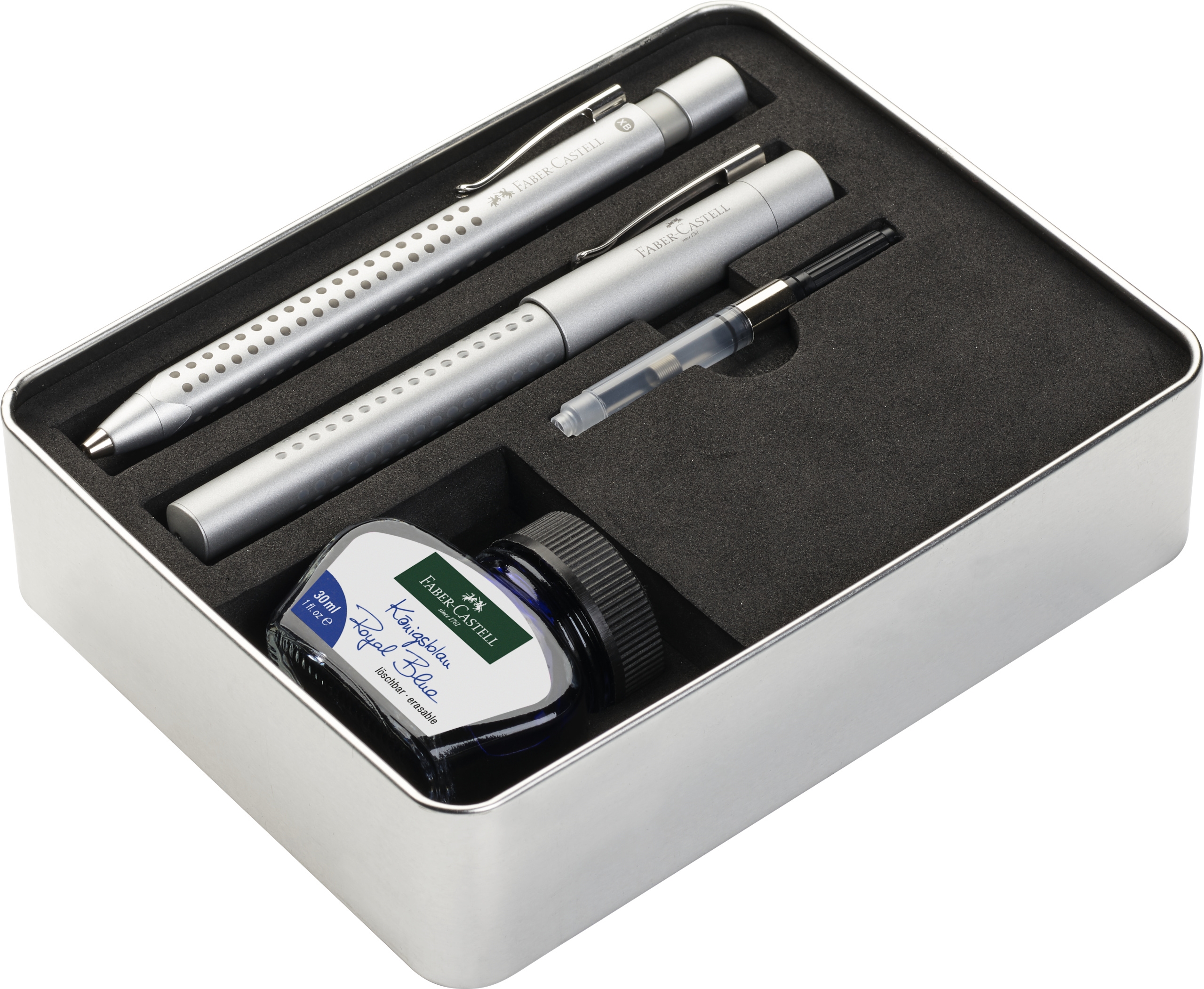 FaberCastell Grip Ink/Ballpoint and Fountain Pen Set Silver Medium