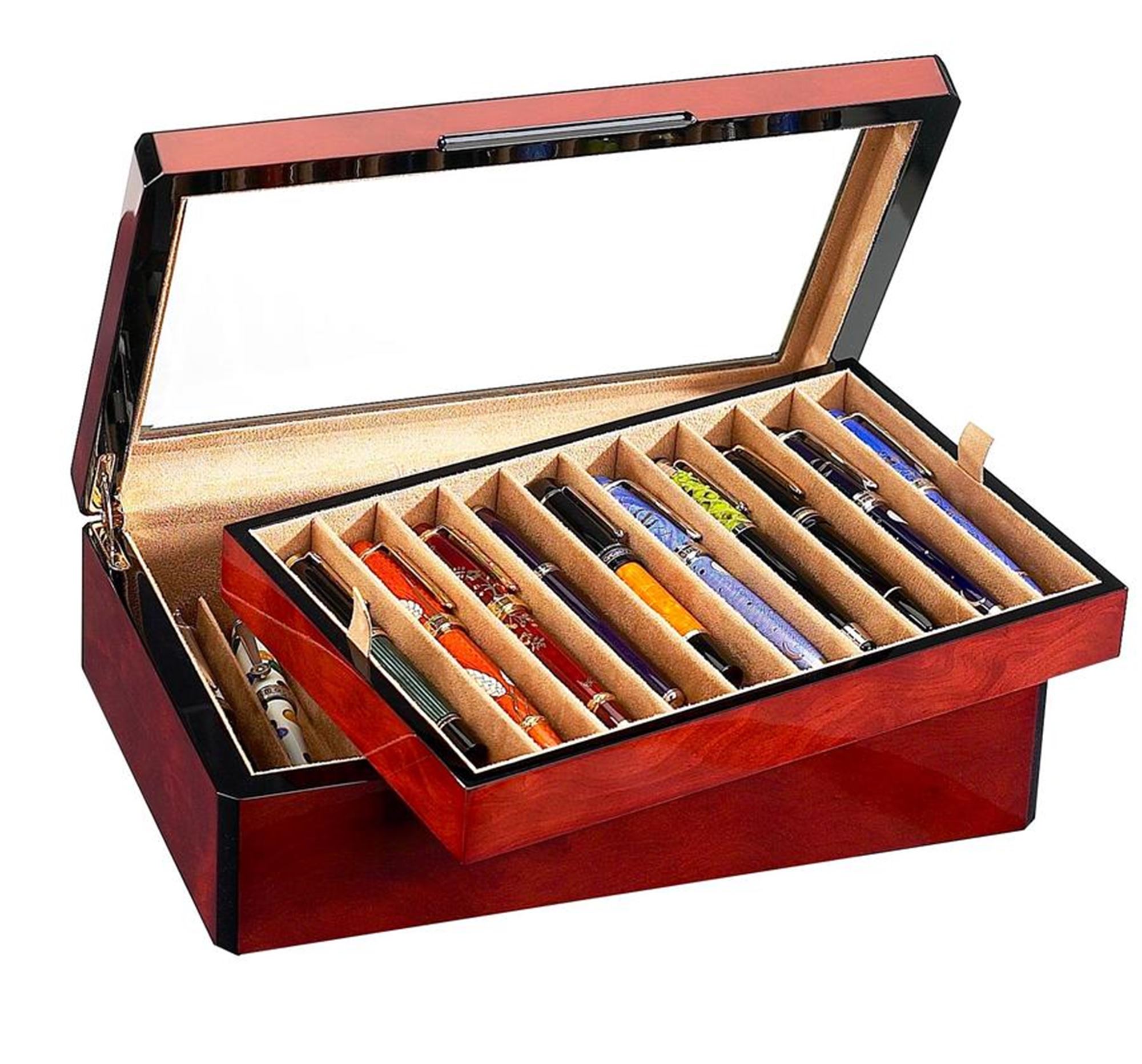Venlo Burlwood 20 Slot Pen Box With Glass Top
